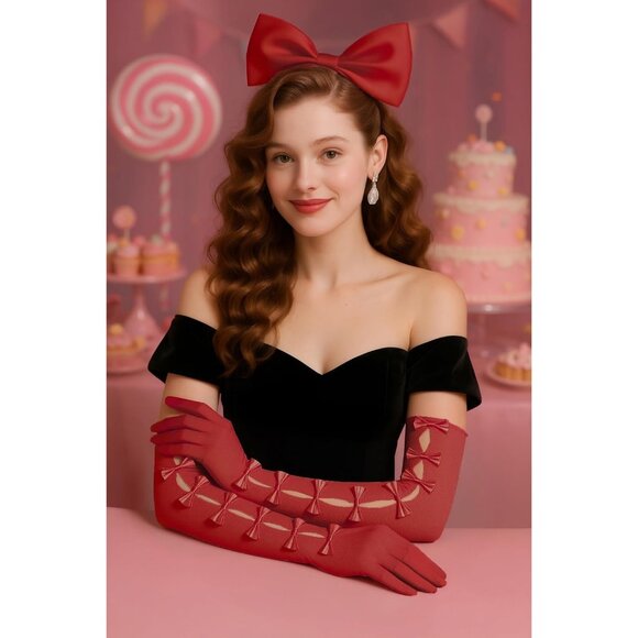Women\'s Princess Dark Red Long Sleeves Gloves Bow Lace Mesh Tulle Party  Prom